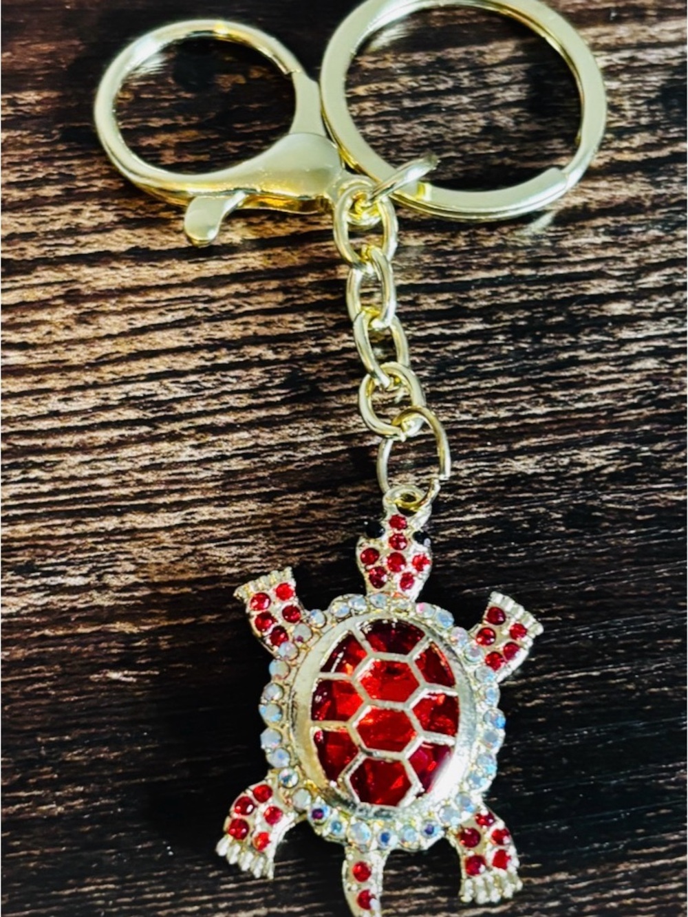 Red Crystal Rhinestone Turtle Keychain with Gold-Tone Hardware